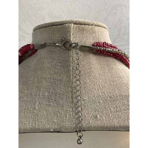 Multi-Strand Red & Gold Beaded Necklace With Lobster Clasp Adjustable Chain - Picture 4 of 4